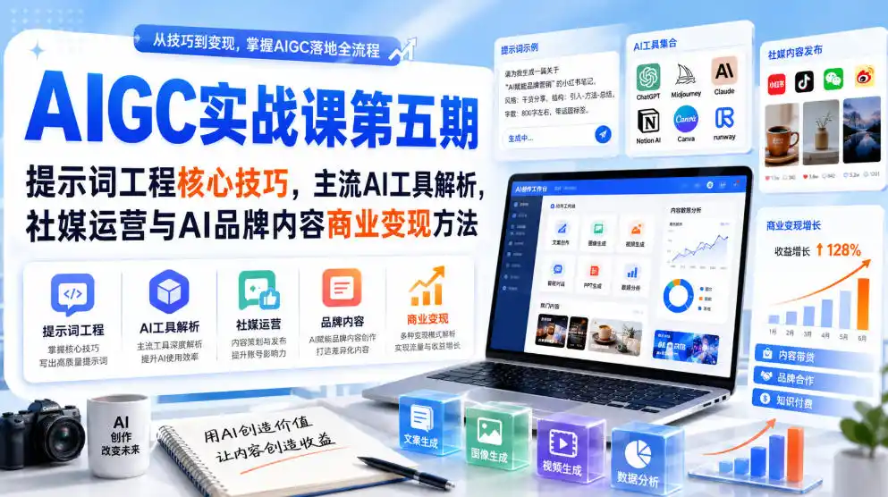 刺猬星球·AIGC实战课第五期,提示词工程核心技巧,主流AI工具解析,社媒运营与AI品牌内容商业变现方法-汇课新知资源网