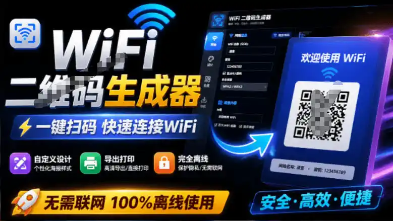 完全离线使用！WiFi二维码生成器，一键扫码快速连接WiFi，支持自定义风格导出WiFi二维码生成器