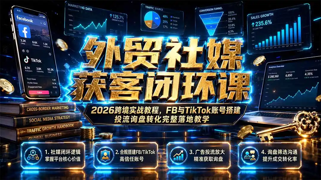 外贸社媒获客闭环课|2026跨境实战教程,FB与TikTok账号搭建投流询盘转化完整落地教学-汇课新知资源网