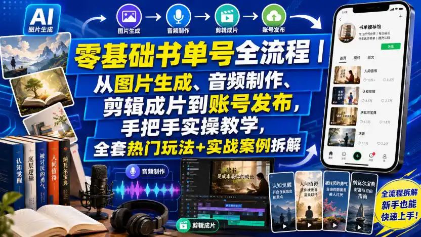 零基础书单号全流程|从图片生成、音频制作、剪辑成片到账号发布,手把手实操教学,全套热门玩法+实战案例拆解-汇课新知资源网
