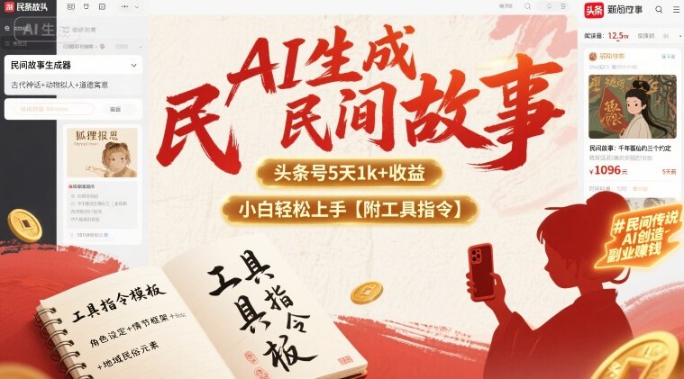 AI生成民间故事，头条号5天1k+，小白轻松上手【附工具指令】-汇课新知资源网