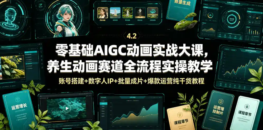 零基础AIGC动画实战大课，养生动画赛道全流程实操教学，账号搭建+数字人IP+批量成片+爆款运营纯干货教程-汇课新知资源网