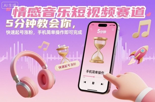 情感音乐短视频赛道,5分钟教会你,快速起号涨粉,手机简单操作即可完成-汇课新知资源网