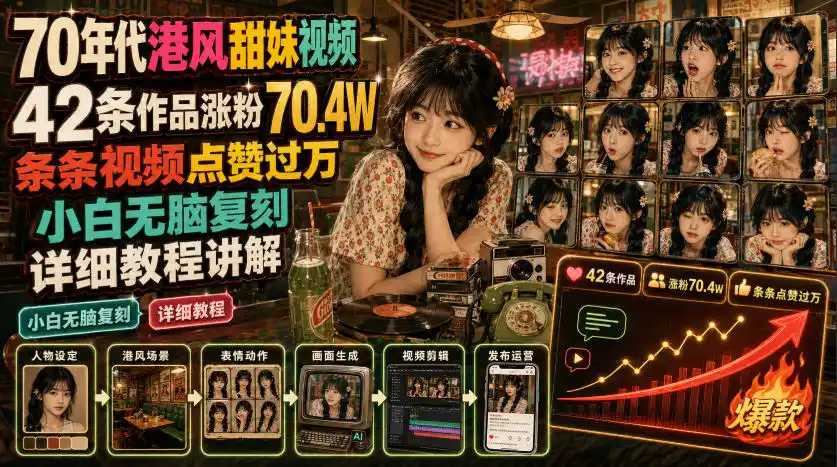 70年代港风甜妹视频，42条作品涨粉70.4W，条条视频点赞过万，小白无脑复刻，详细教程讲解-汇课新知资源网