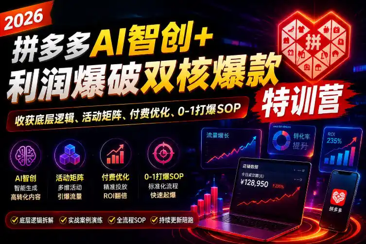 2026拼多多AI智创+利润爆破双核爆款特训营，收获底层逻辑、活动矩阵、付费优化、0-1打爆SOP(更新0727)-汇课新知资源网