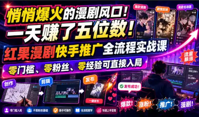 悄悄爆火的漫剧风口!一天賺了五位数!红果漫剧快手推广全流程实战课,零门槛、零粉丝、零经验可直接入局-汇课新知资源网