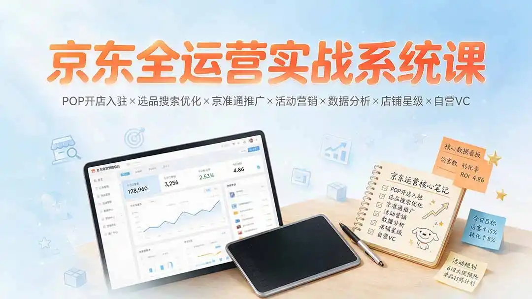 京东全运营实战系统课:POP开店入驻×选品搜索优化×京准通推广×活动营销×数据分析×店铺星级×自营VC-汇课新知资源网