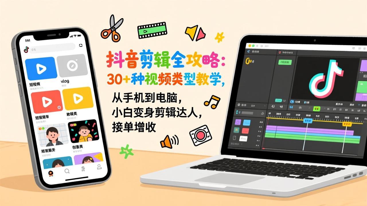 抖音剪辑全攻略:30+种视频类型教学,从手机到电脑,小白变身剪辑达人,接单增收-汇课新知资源网