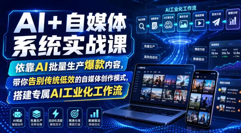 AI+自媒体系统实战课,依靠AI批量生产爆款内容,带你告别传统低效的自媒体创作模式,搭建专属AI工业化工作流-汇课新知资源网