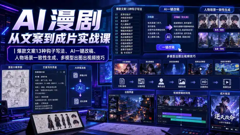 AI漫剧从文案到成片实战课|爆款文案13种钩子写法、AI一键改稿、人物场景一致性生成、多模型出图出视频技巧-汇课新知资源网