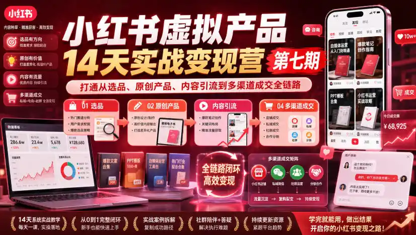 小红书虚拟产品14天实战变现营第七期,打通从选品、原创产品、内容引流到多渠道成交全链路-汇课新知资源网