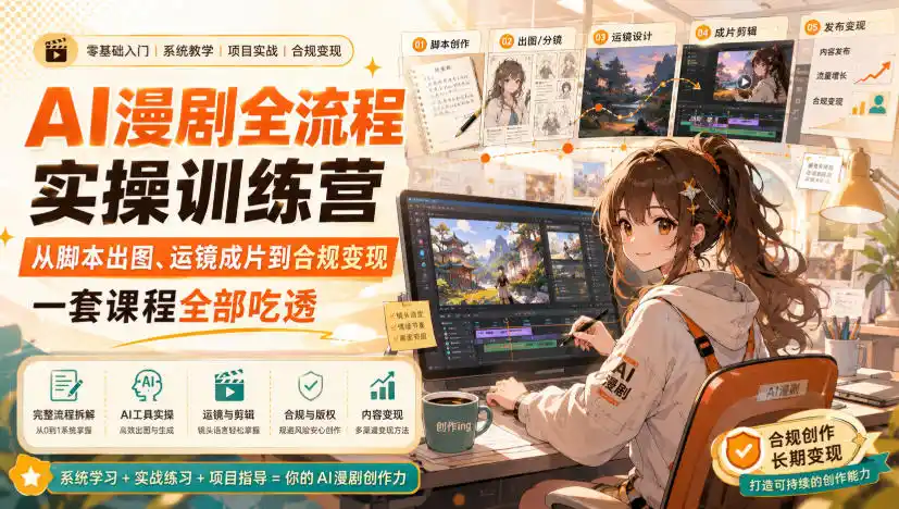 AI漫剧全流程实操训练营，从脚本出图、运镜成片到合规变现，一套课程全部吃透-汇课新知资源网
