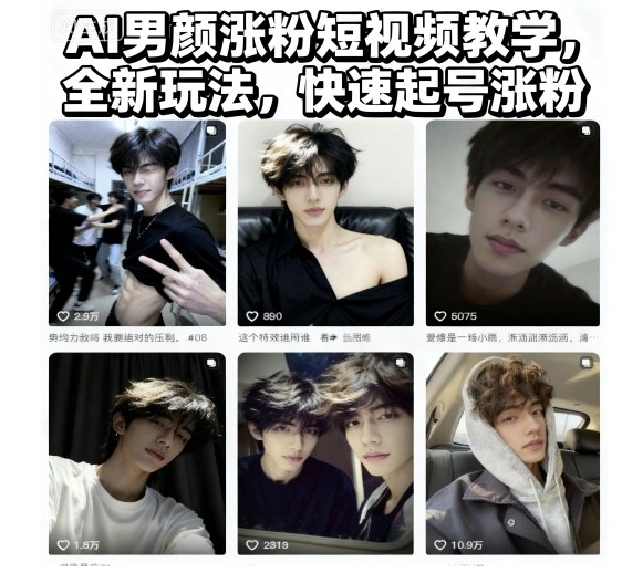 AI男颜涨粉短视频教学,全新玩法,快速起号涨粉-汇课新知资源网