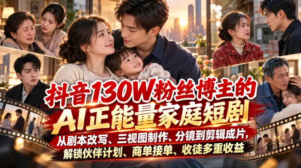 抖音130W粉丝博主的AI正能量家庭短剧，从剧本改写、三视图制作、分镜到剪辑成片，解锁伙伴计划、商单接单、收徒多重收益(更新1007)