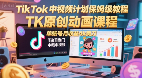 TikTok中视频计划保姆级教程，TK原创动画课程，单账号月收益4k美刀-汇课新知资源网