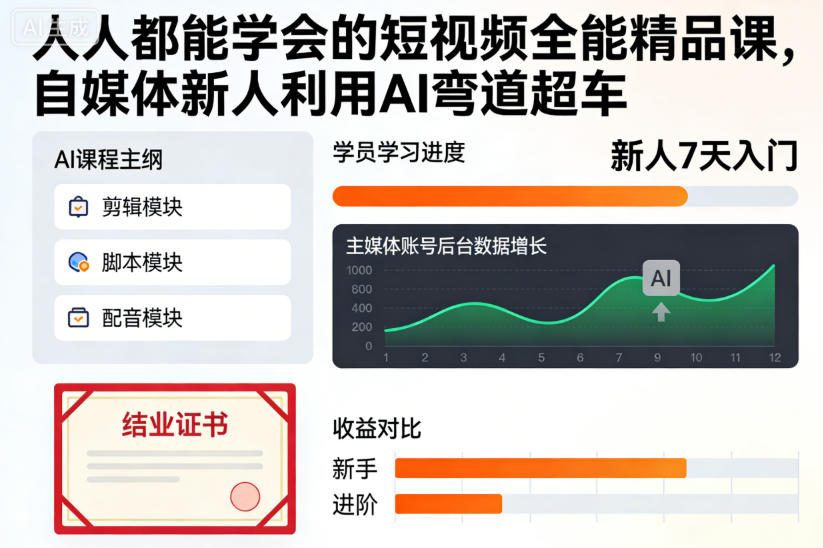 人人都能学会的短视频全能精品课，自媒体新人利用AI弯道超车-汇课新知资源网