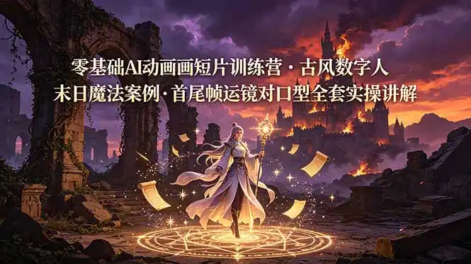 零基础AI动画短片训练营，古风数字人末日魔法案例，首尾帧运镜对口型全套实操讲解-汇课新知资源网
