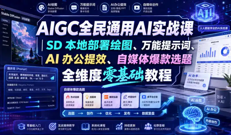AIGC全民通用AI实战课|SD本地部署绘图、万能提示词、AI办公提效、自媒体爆款选题全维度零基础教程-汇课新知资源网