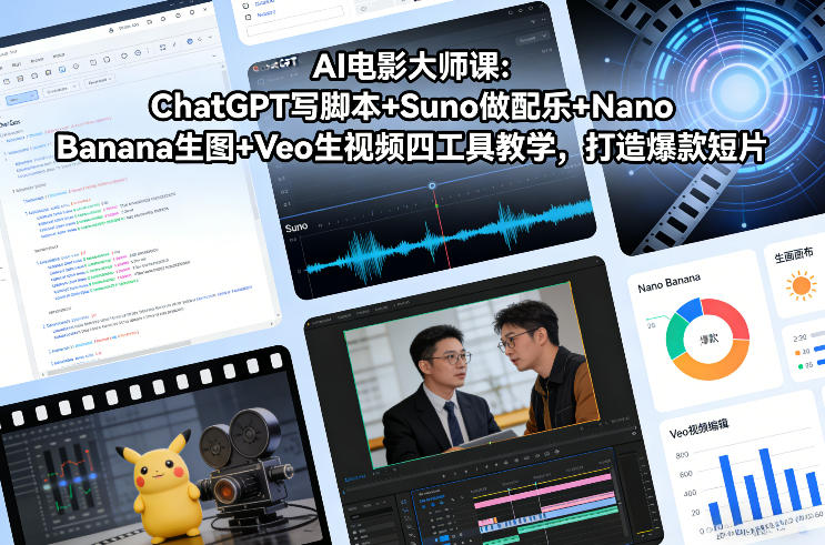 AI电影大师课:ChatGPT写脚本+Suno做配乐+Nano Banana生图+Veo生视频,打造爆款短片-汇课新知资源网