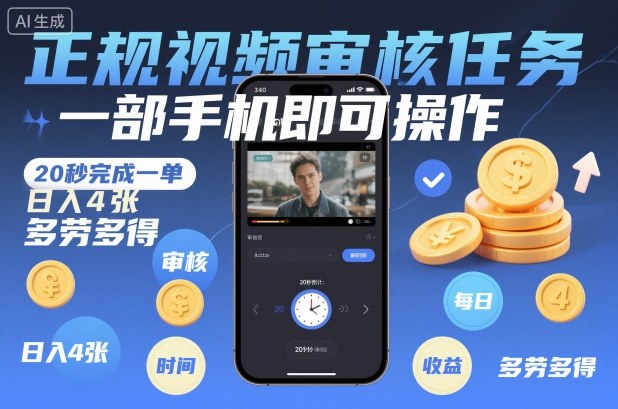 正规视频审核任务，一部手机即可操作，20秒完成一单，日入4张，多劳多得【揭秘】-汇课新知资源网