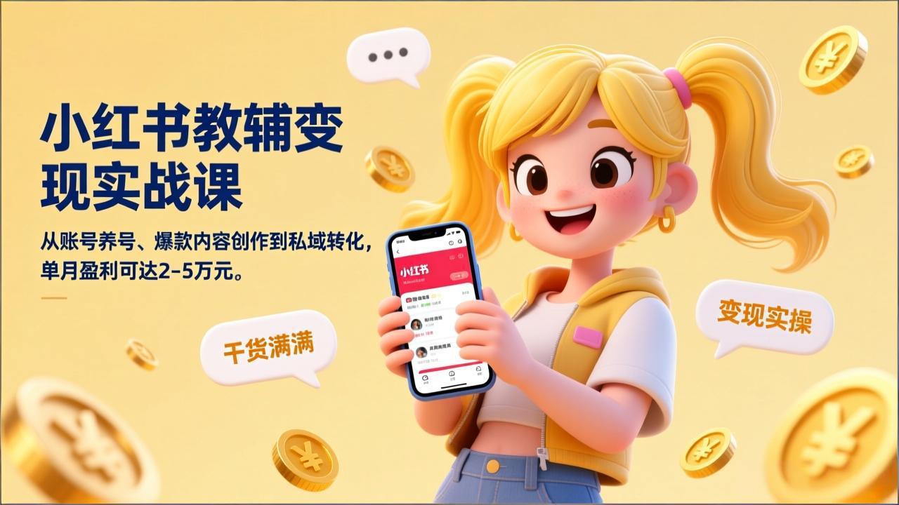 小红书教辅变现实战课,从账号养号、爆款内容创作到私域转化,单月盈利可达2-5万元-汇课新知资源网