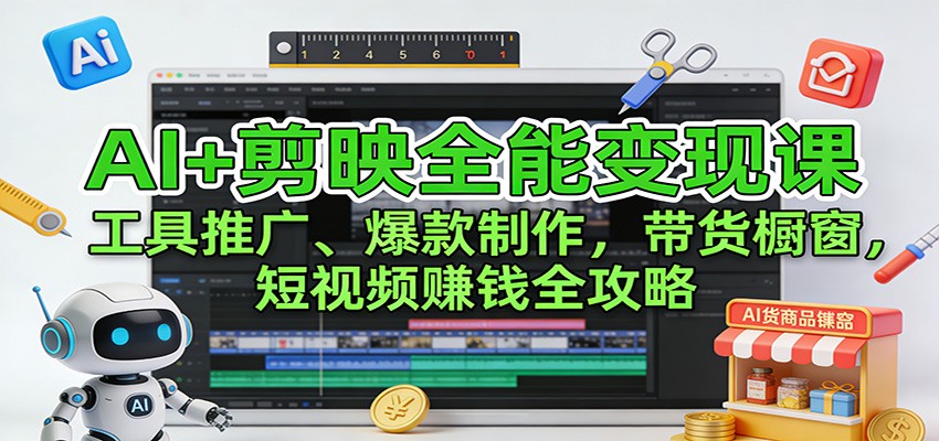 AI+剪映全能变现课：工具推广、爆款制作、带货橱窗，短视频赚钱全攻略-汇课新知资源网