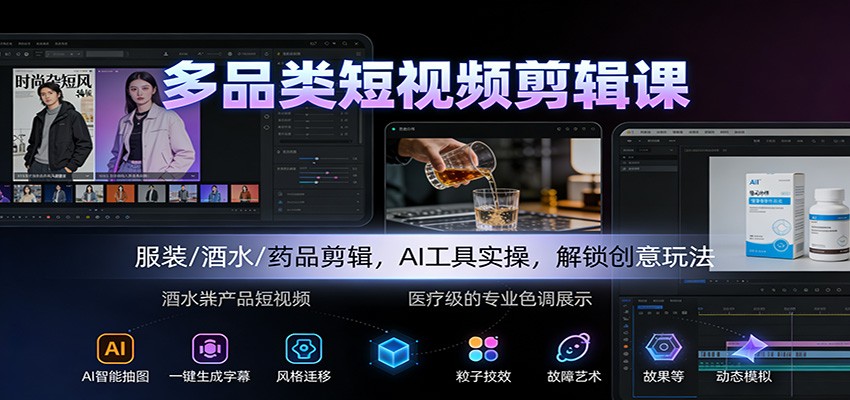 多品类短视频剪辑课：服装/酒水/药品剪辑，AI工具实操，解锁创意玩法-汇课新知资源网