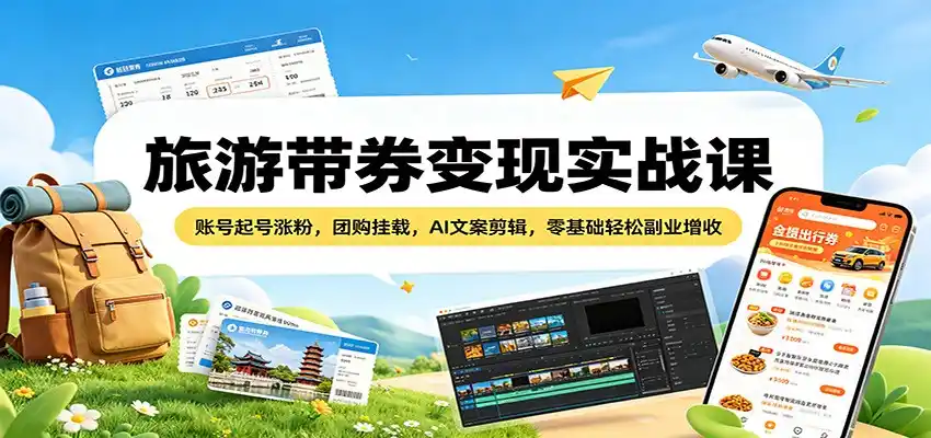 旅游带券变现实战课:账号起号涨粉,团购挂载,AI文案剪辑,零基础轻松副业增收-汇课新知资源网