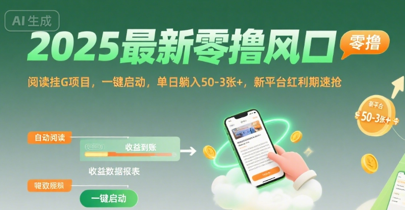 2025最新零撸风口，阅读挂G项目，一键启动，单日躺入 50-3张+，新平台红利期速抢【揭秘】-汇课新知资源网