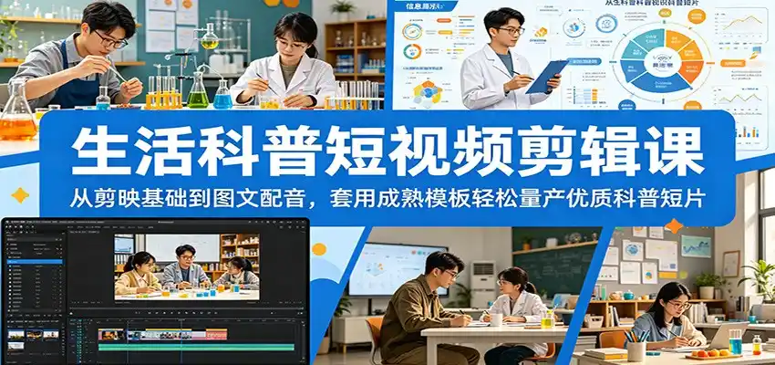生活科普短视频剪辑课：从剪映基础到图文配音，套用成熟模板轻松量产优质科普短片-汇课新知资源网