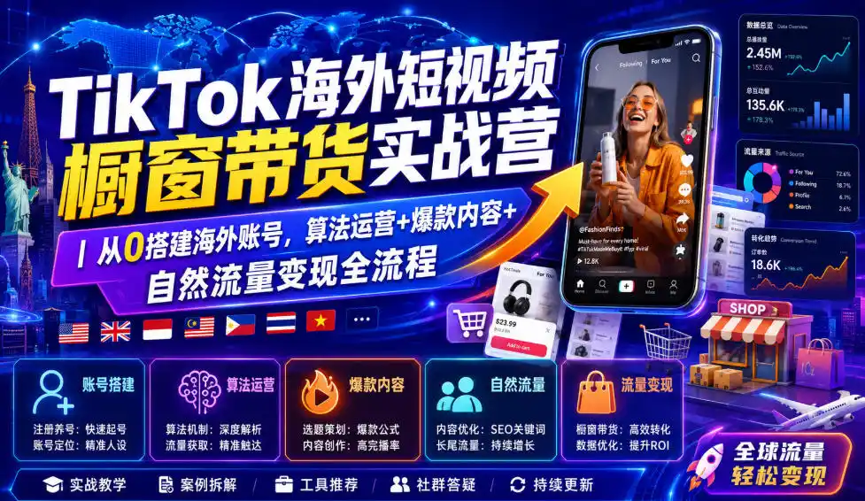TikTok海外短视频橱窗带货实战营|从0搭建海外账号,算法运营+爆款内容+自然流量变现全流程-汇课新知资源网