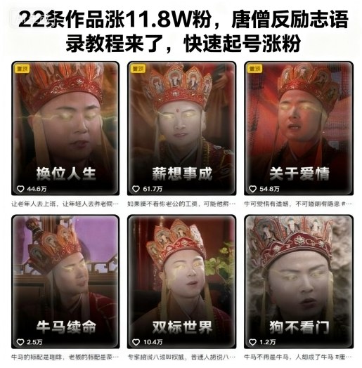 22条作品涨11.8W粉,唐僧反励志语录教程来了,快速起号涨粉-汇课新知资源网