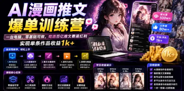 AI漫画推文爆单训练营,一台电脑,零基础可做,吃透百亿推文赛道红利,实现单条作品收益1k+-汇课新知资源网