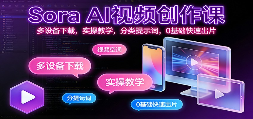 Sora AI视频创作课:多设备下载,实操教学,分类提示词,0基础快速出片-汇课新知资源网