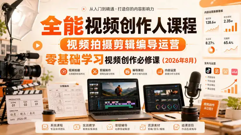全能视频创作人课程，视频拍摄剪辑编导运营，零基础学习视频创作必修课(2026年8月)-汇课新知资源网
