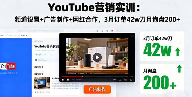 YouTube营销实训：频道设置+广告制作+网红合作，3月订单42w刀月询盘200+-汇课新知资源网