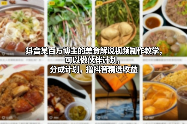 抖音某百万博主的美食解说视频制作教学,可以做伙伴计划,分成计划,撸抖音精选收益-汇课新知资源网