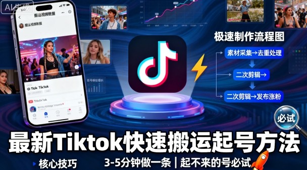 最新Tiktok快速搬运快速起号方法,3-5分钟做一条,起不来的号可以试试-汇课新知资源网