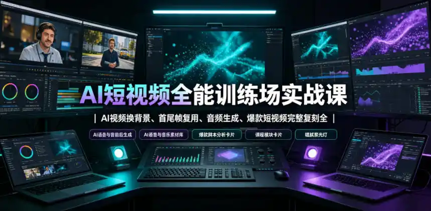 AI短视频全能训练场实战课｜AI视频换背景、首尾帧复用、音频生成、爆款短视频完整复刻全套实操教学-汇课新知资源网