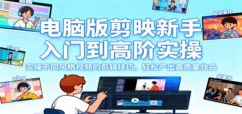电脑版剪映新手入门到高阶实操,实操不同风格视频的剪辑技巧,轻松产出高质量作品-汇课新知资源网