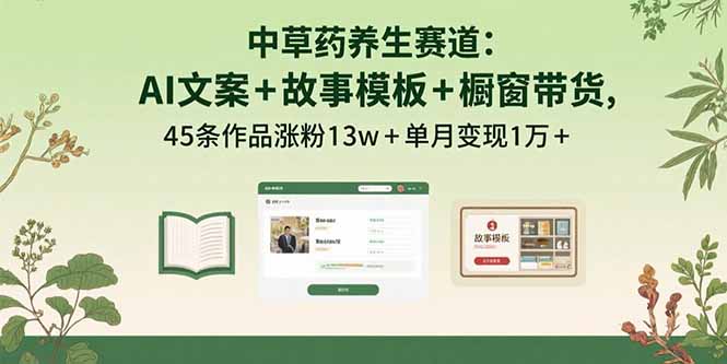 中草药养生赛道:AI文案+故事模板+橱带货,45条作品涨粉13w+单月变现1万+-汇课新知资源网