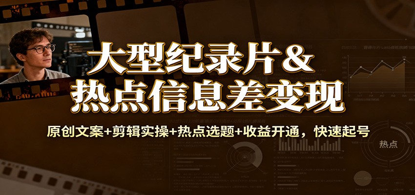 大型纪录片&热点信息差变现：原创文案+剪辑实操+热点选题+收益开通，快速起号-汇课新知资源网