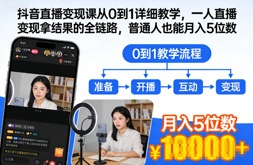 抖音直播变现课从0到1详细教学,一人直播变现拿结果的全链路,普通人也能月入5位数-汇课新知资源网
