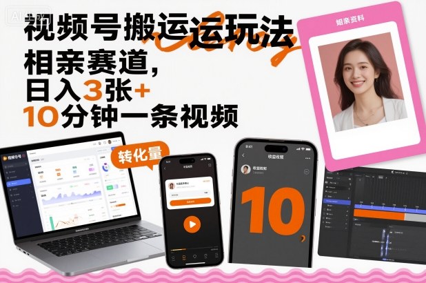 视频号搬运玩法，相亲赛道，日入3张+，10分钟一条视频-汇课新知资源网