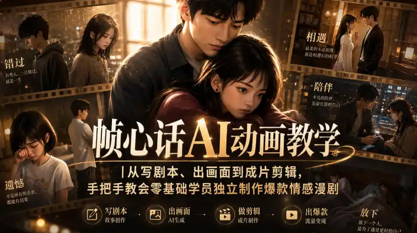 帧心话AI动画教学｜从写剧本、出画面到成片剪辑，手把手教会零基础学员独立制作爆款情感漫剧-汇课新知资源网