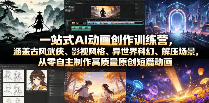 一站式AI动画创作训练营,涵盖古风武侠、影视风格、异世界科幻、解压场景,从零自主制作高质量原创短篇动画-汇课新知资源网
