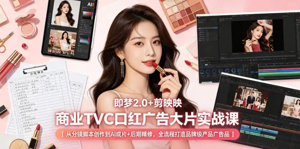 即梦2.0+剪映商业TVC口红广告大片实战课｜从分镜脚本创作到AI成片+后期精修，全流程打造品牌级产品广告-汇课新知资源网
