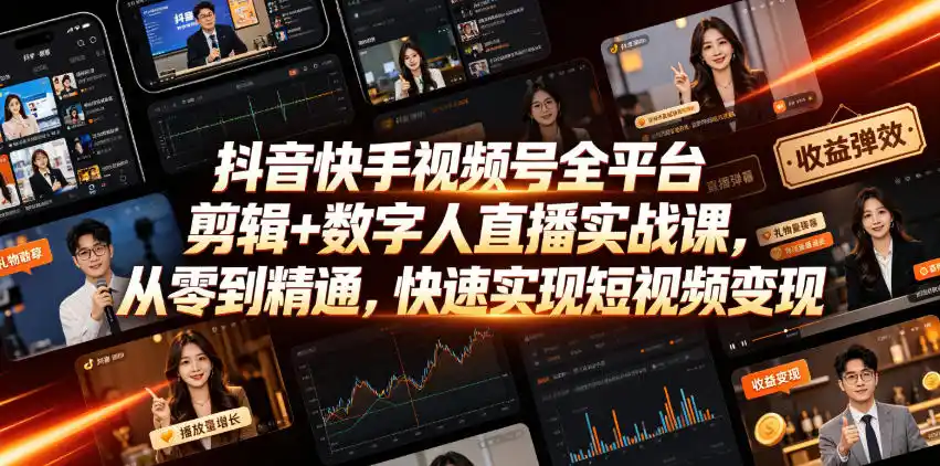 抖音快手视频号全平台剪辑+数字人直播实战课,从零到精通,快速实现短视频变现(更新2026年6月)-汇课新知资源网