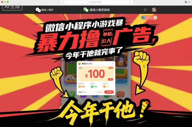 微信小程序小游戏暴力撸广告,单机日入100,今年干他就完事了-汇课新知资源网