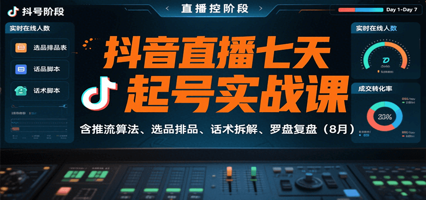 抖音直播七天起号实战课:含推流算法、选品排品、话术拆解、罗盘复盘(8月)-汇课新知资源网